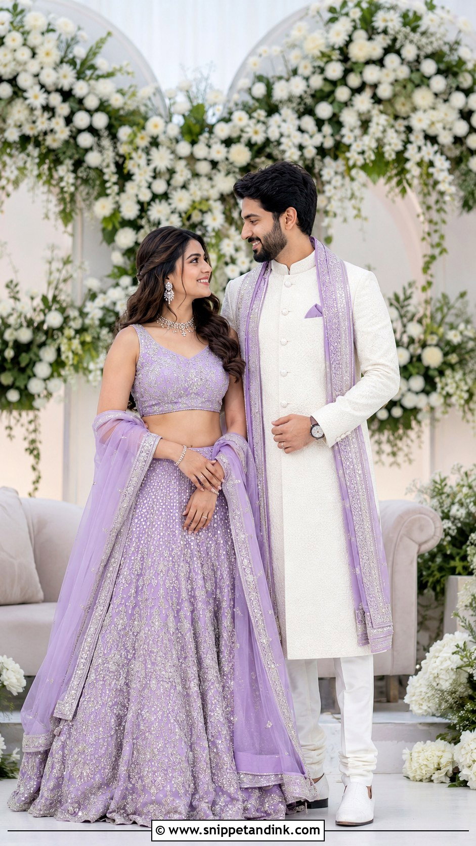 Lavender Lehenga And White Sherwani - Snippet and Ink - 25 Indian Couple Ring Ceremony Dress Ideas