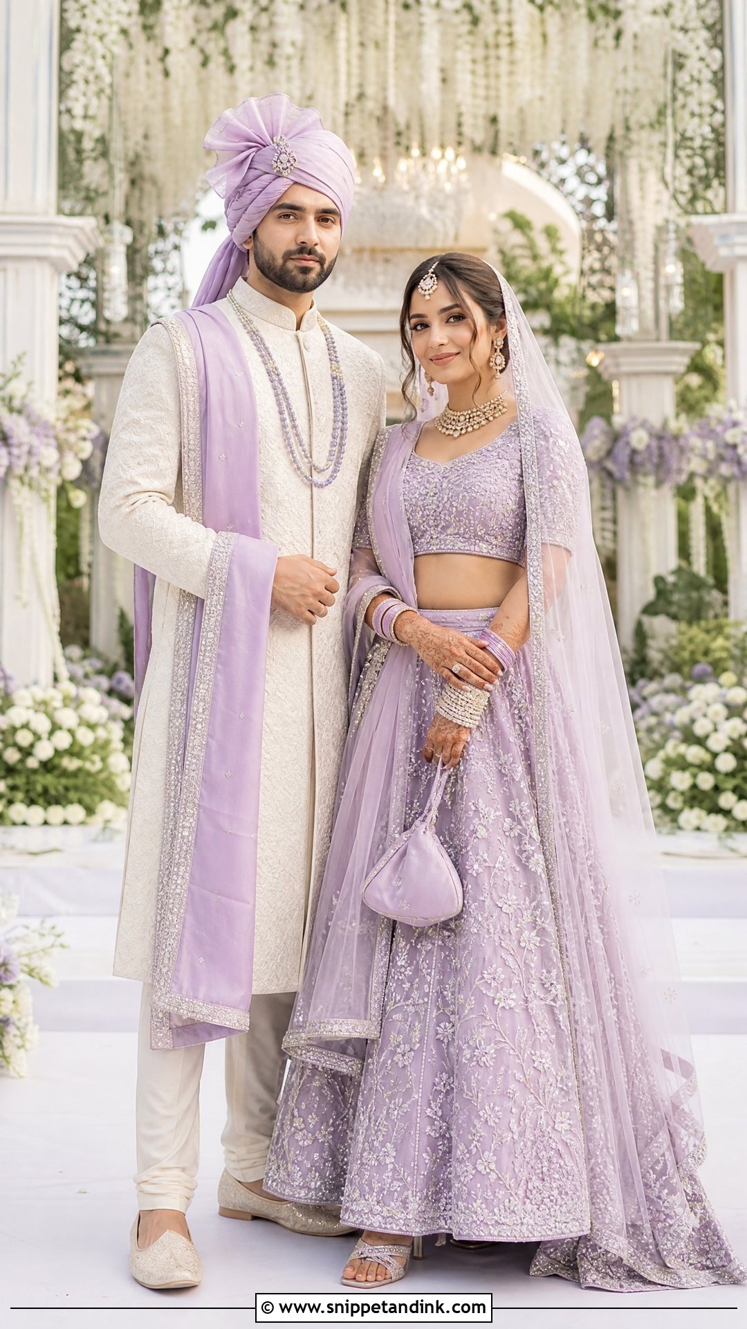 Lavender Lehenga With Ivory Sherwani - Snippet and Ink - 25 Indian Hindu Couple Wedding Dress Ideas
