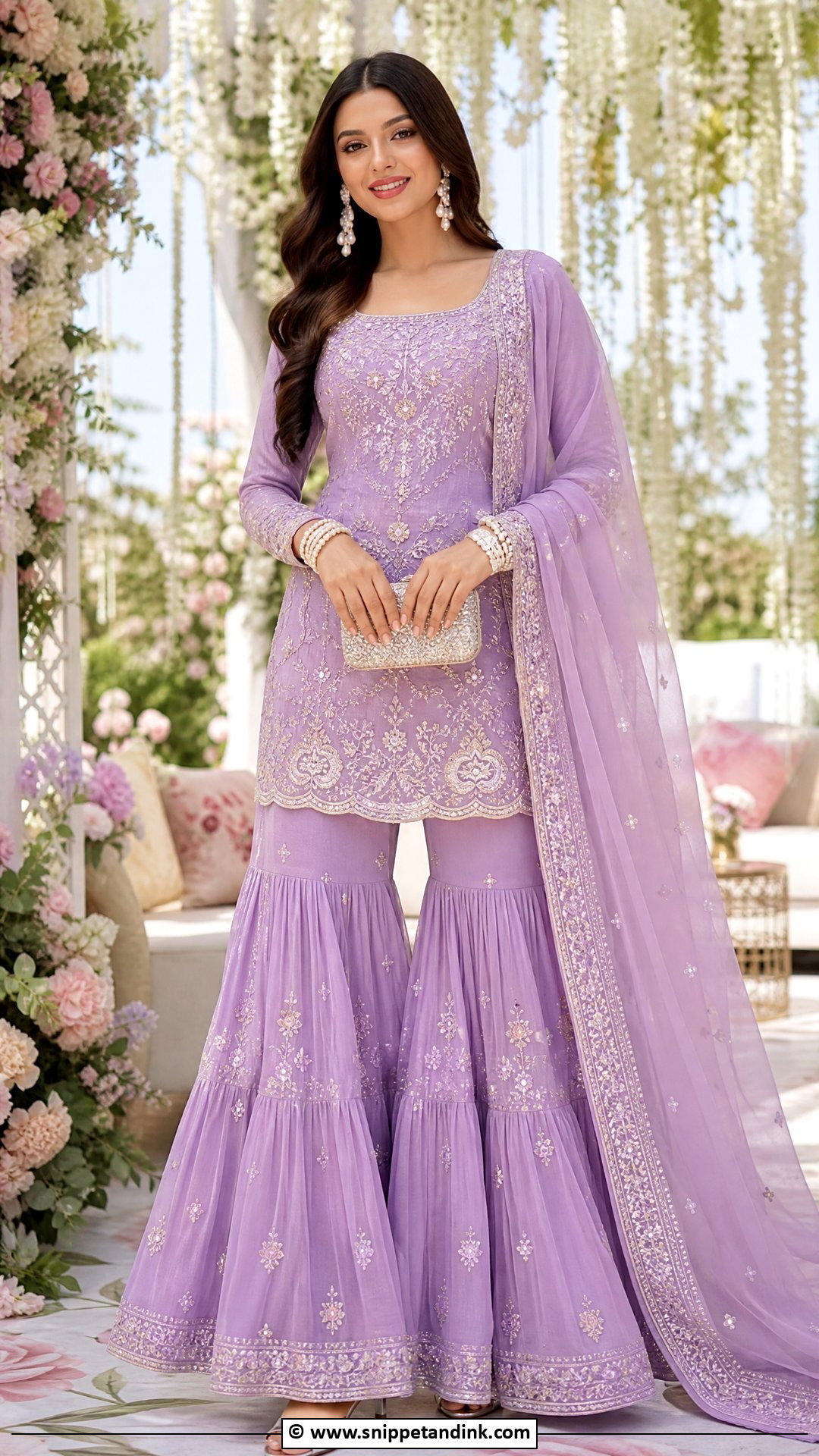 Lavender Mehndi Sharara With Pearl Jewelry - Snippet and Ink - 35 Mehndi Dresses