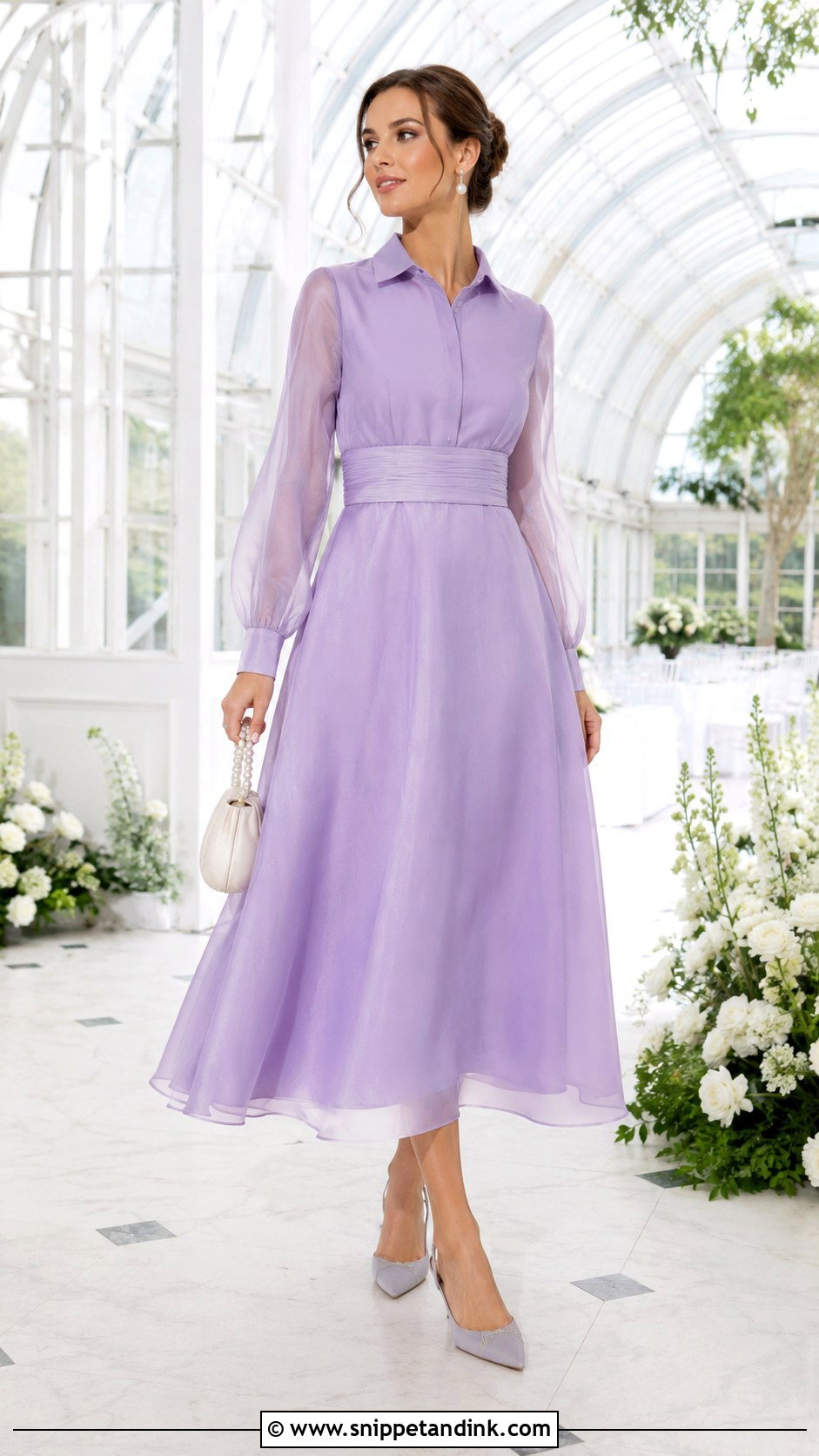 Lavender Organza Long Shirt Dress With Pearl Accessories - Snippet and Ink - 20 Long Shirt Dress for Wedding Ideas