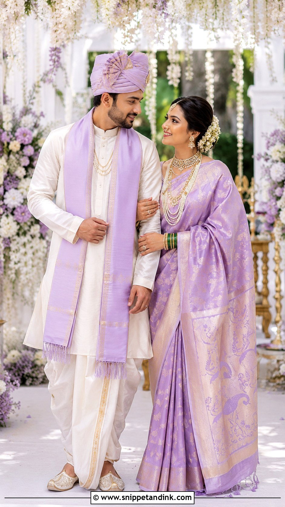 Lavender Paithani Bride And Ivory Groom Peshwai Look - Snippet and Ink - 25 Peshwai Look for Wedding Couple Ideas