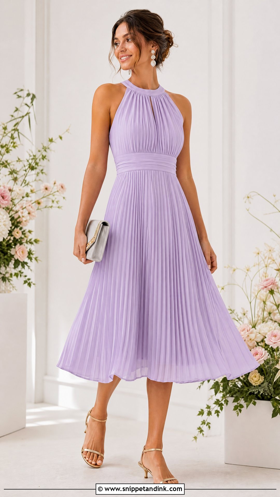 Lavender Pleated Dress With Golden Heels - Snippet and Ink - 25 Golden Heels Wedding Ideas