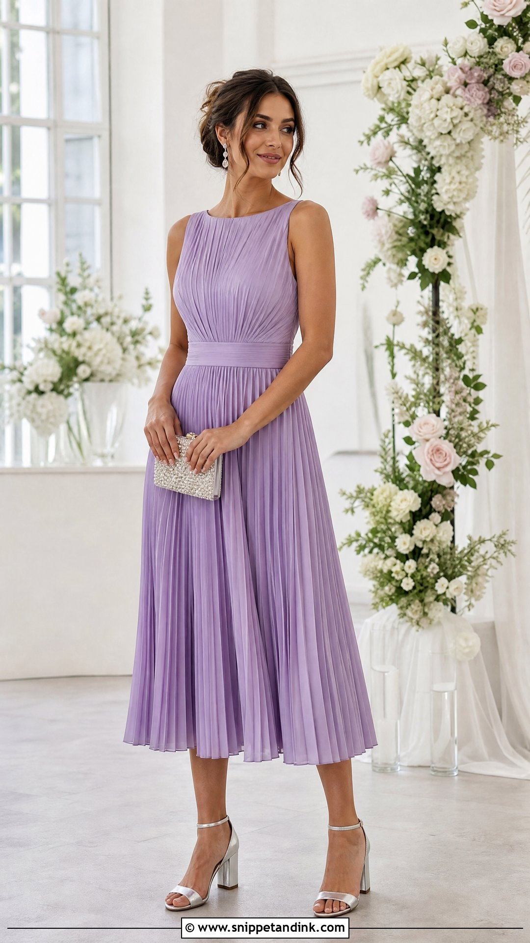 Lavender Pleated Wedding Party Midi Dress - Snippet and Ink - 20 Wedding Party Outfit Ideas