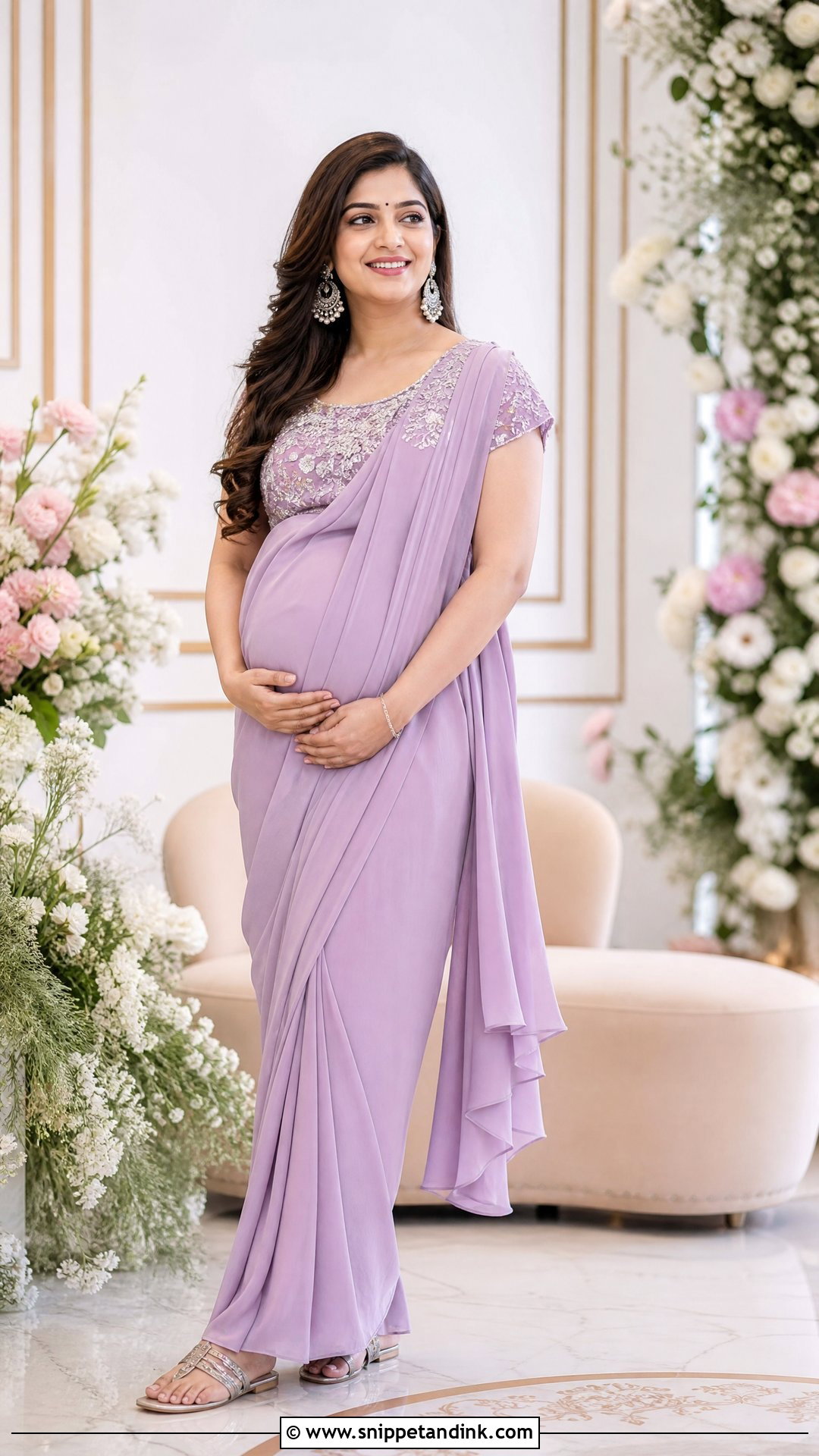 Lavender Pre Draped Saree Godbharai Look - Snippet and Ink - 25 Godbharai Look Ideas