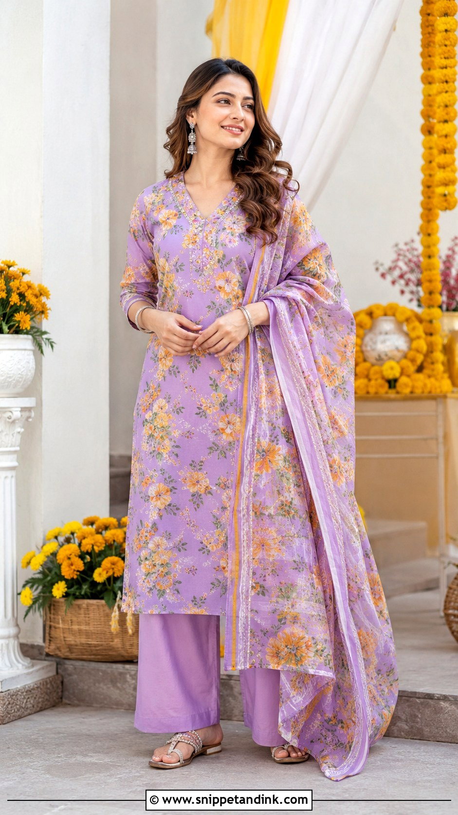 Lavender Printed Kurta Set For Haldi - Snippet and Ink - 25 Lavender Haldi Outfit Ideas