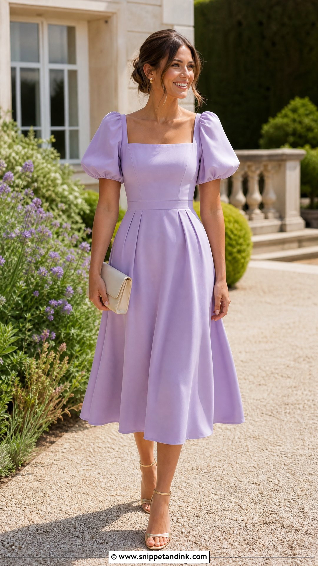Lavender Puff Sleeve Midi Dress With Gold Sandals - Snippet and Ink - 20 Purple Dresses for Wedding