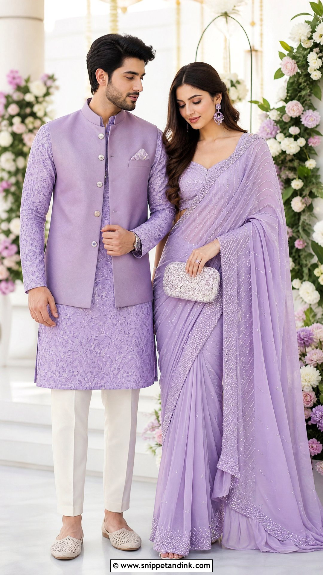 Lavender Saree And Printed Kurta Sangeet Couple Outfit - Snippet and Ink - 20 Sangeet Outfit for Couple Ideas