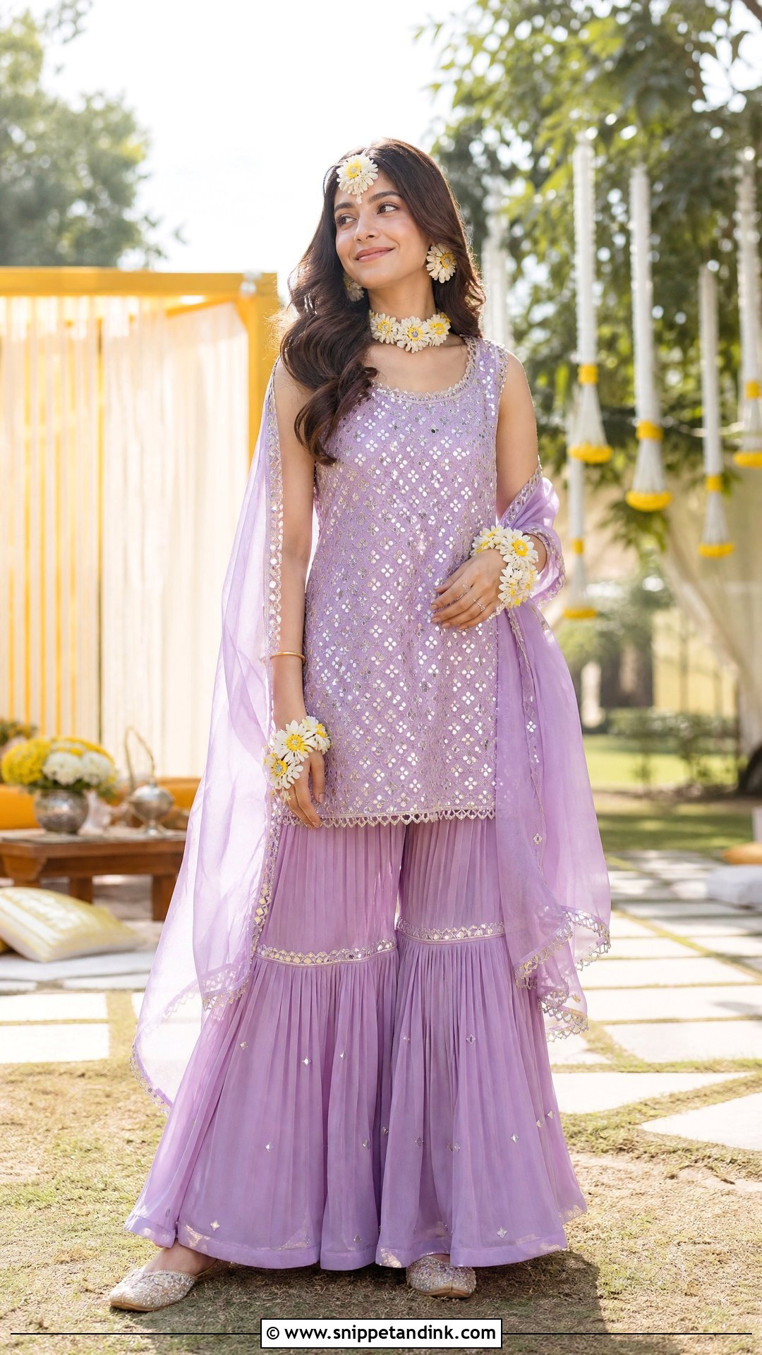 Lavender Sharara With Floral Jewelry - Snippet and Ink - 20 Purple Haldi Outfit Ideas