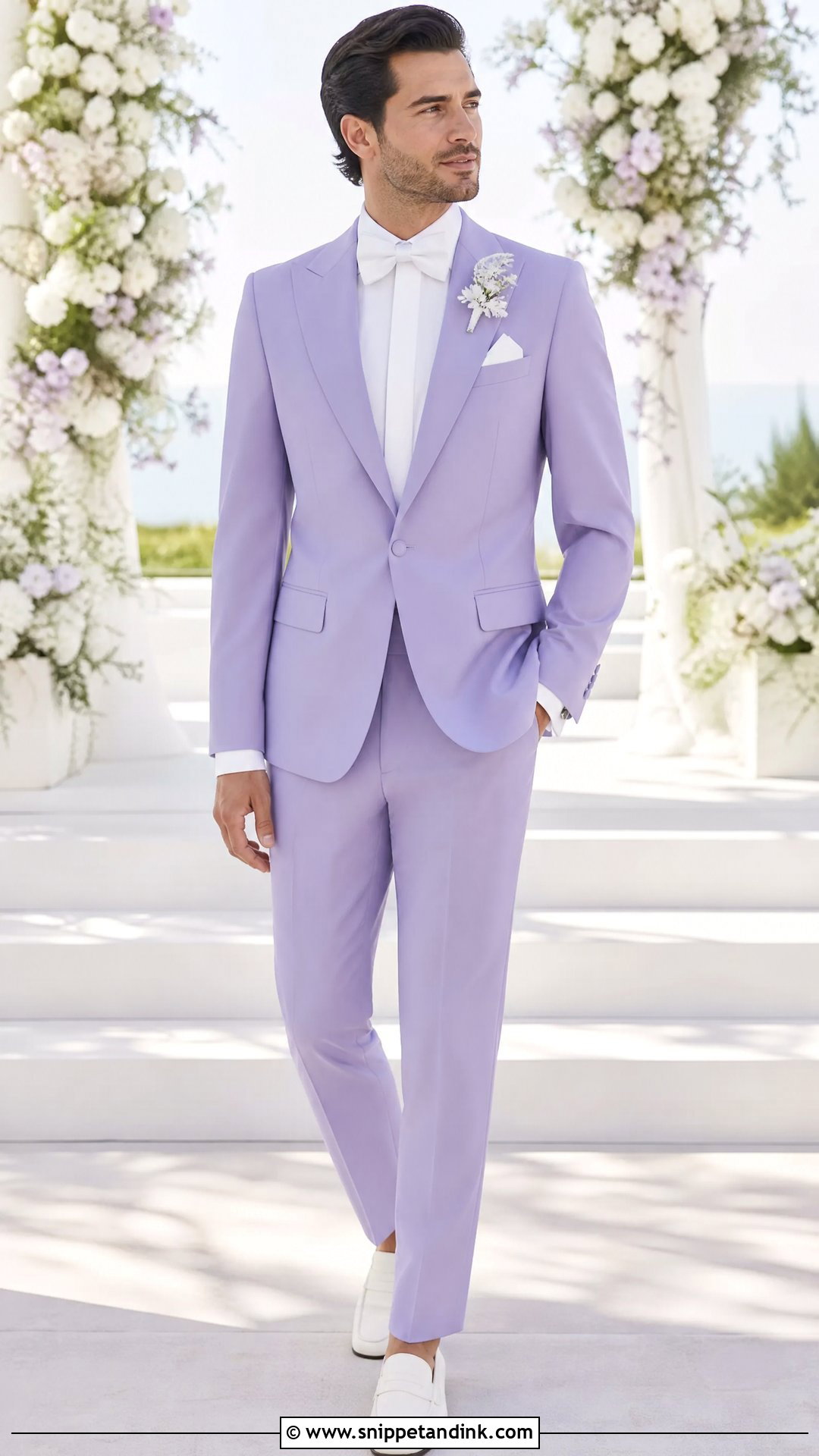 Lavender Tuxedo With White Accessories - Snippet and Ink - 20 Purple Tuxedo Wedding Ideas