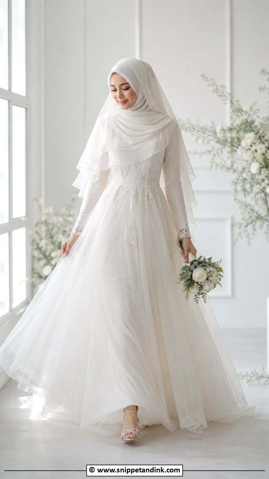Layered Bridal Hijab With Tulle Dress - Snippet and Ink - 30 Bridal Hijab Styles