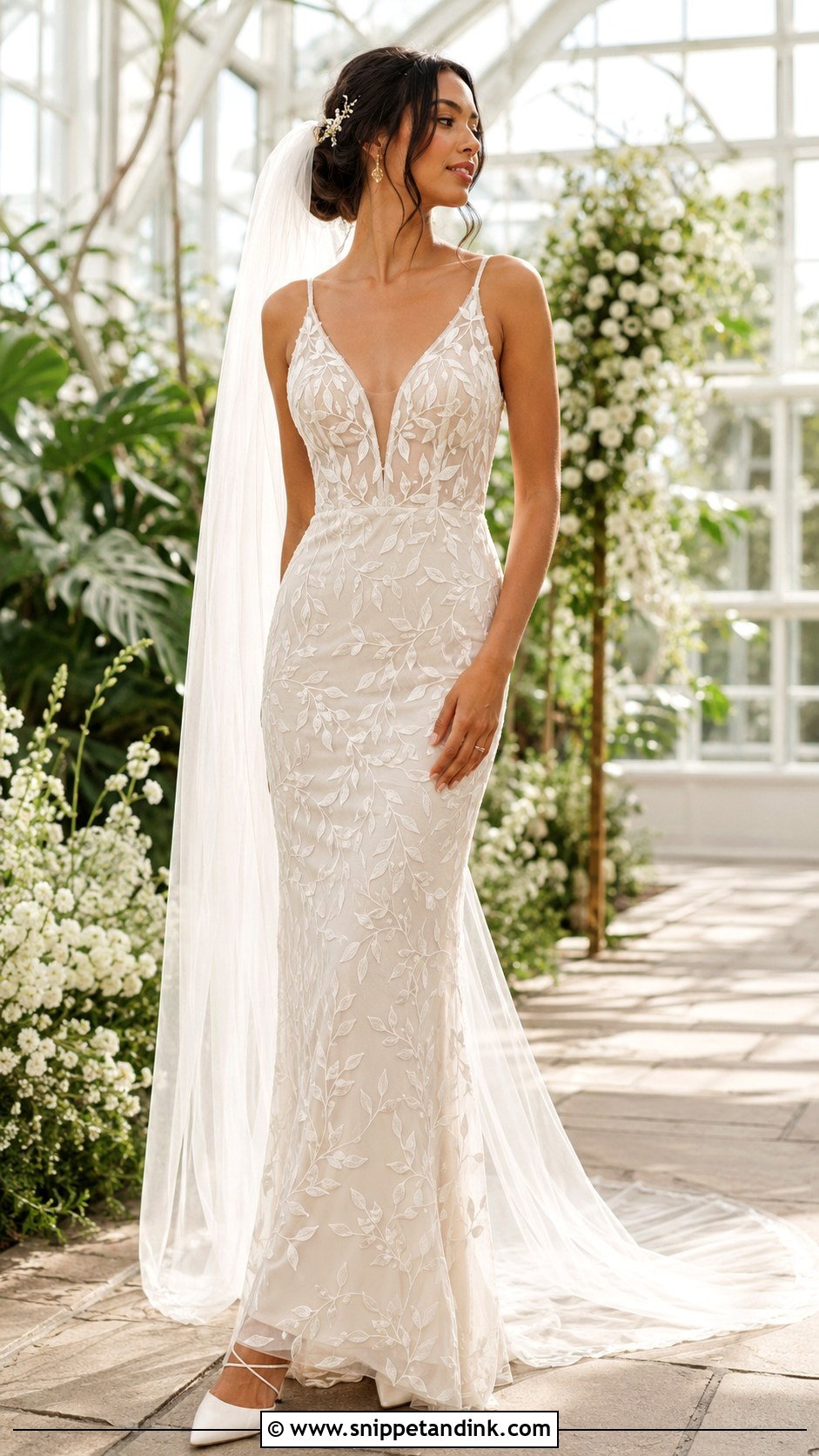 Leaf Embroidered Sheath Wedding Dress - Snippet and Ink - 20 Botanical Wedding Dress Ideas