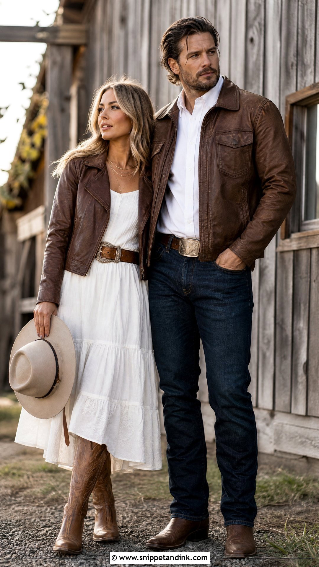 Leather Jacket And White Dress Western Outfit - Snippet and Ink - 20 Western Pre Wedding Shoot Outfit Ideas