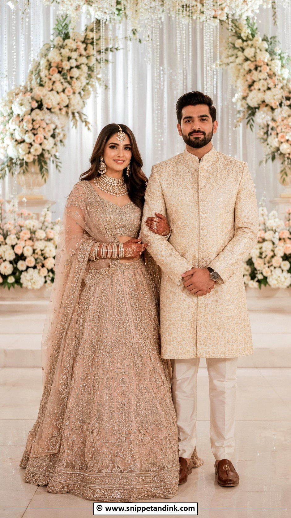 Lehenga And Sherwani Front Facing Couple Pose - Snippet and Ink - 25 Couple Poses in Traditional Wear Ideas