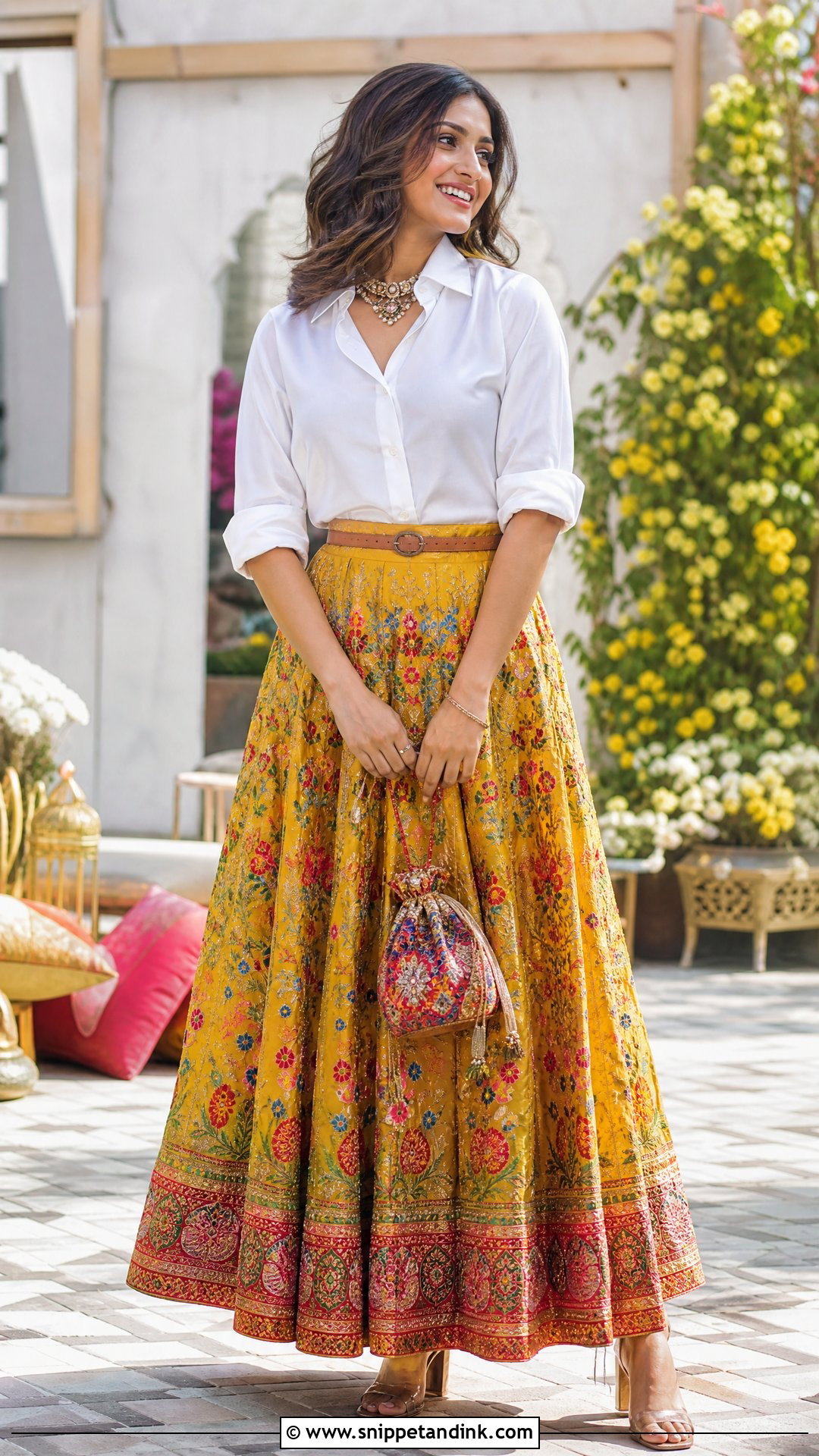 Lehenga Skirt And White Shirt Indowestern Wedding Outfit - Snippet and Ink - 25 Indowestern Wedding Outfits