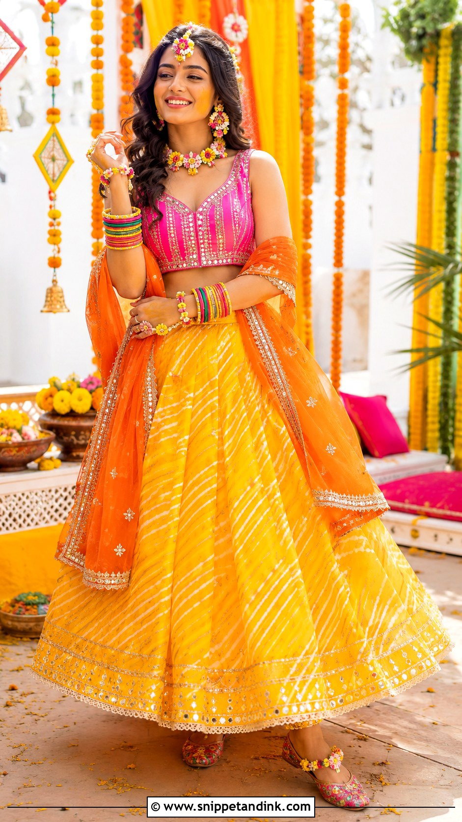 Leheriya Haldi Dress for Bride - Snippet and Ink - 25 Indian Haldi Dress for Bride Ideas