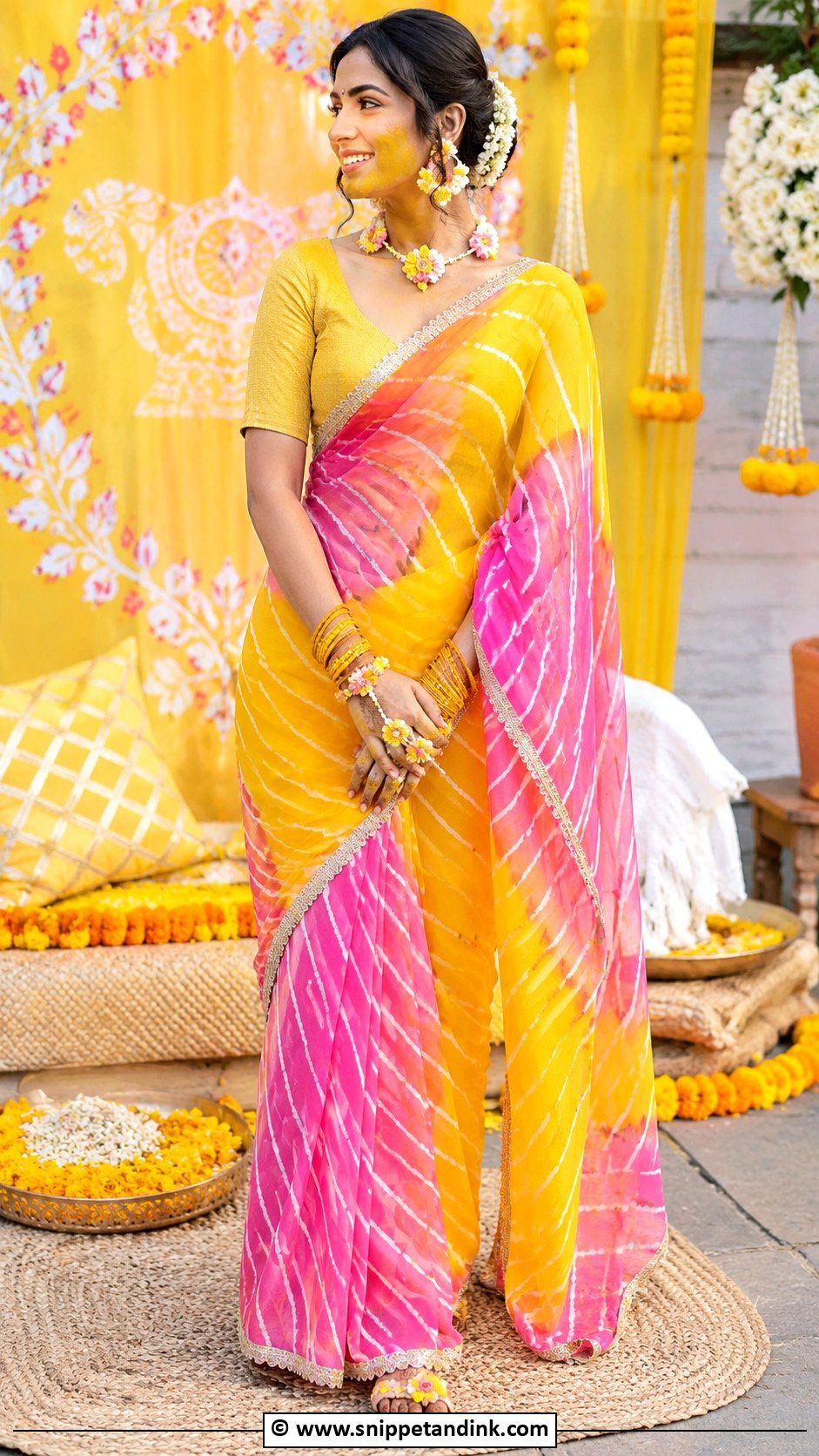 Leheriya Haldi Saree For Bride - Snippet and Ink - 30 Best Haldi Outfits for Brides