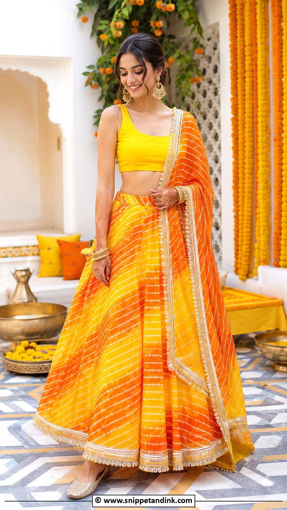 Leheriya Lehenga For Haldi - Snippet and Ink - 30 Indian Haldi Ceremony Outfit for Sister Ideas