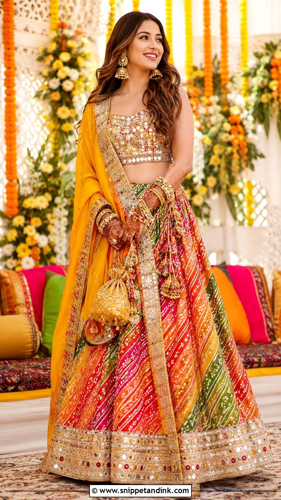 Leheriya Lehenga Mehandi Dress for Bride - Snippet and Ink - 25 Mehandi Dress for Bride Ideas