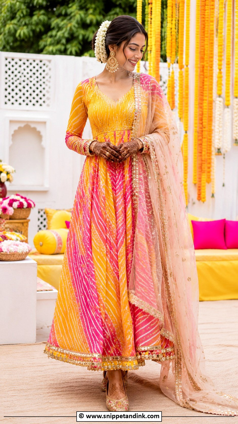 Leheriya Mehendi Bridal Outfit - Snippet and Ink - 30 Mehendi Bridal Outfit Ideas