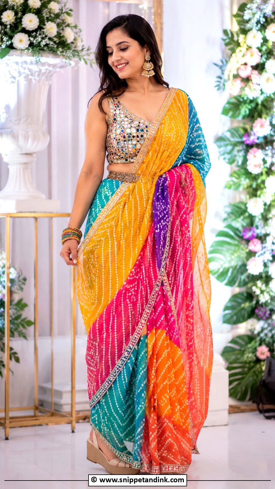 Leheriya Saree For Sangeet - Snippet and Ink - 35 Sangeet Outfit Ideas