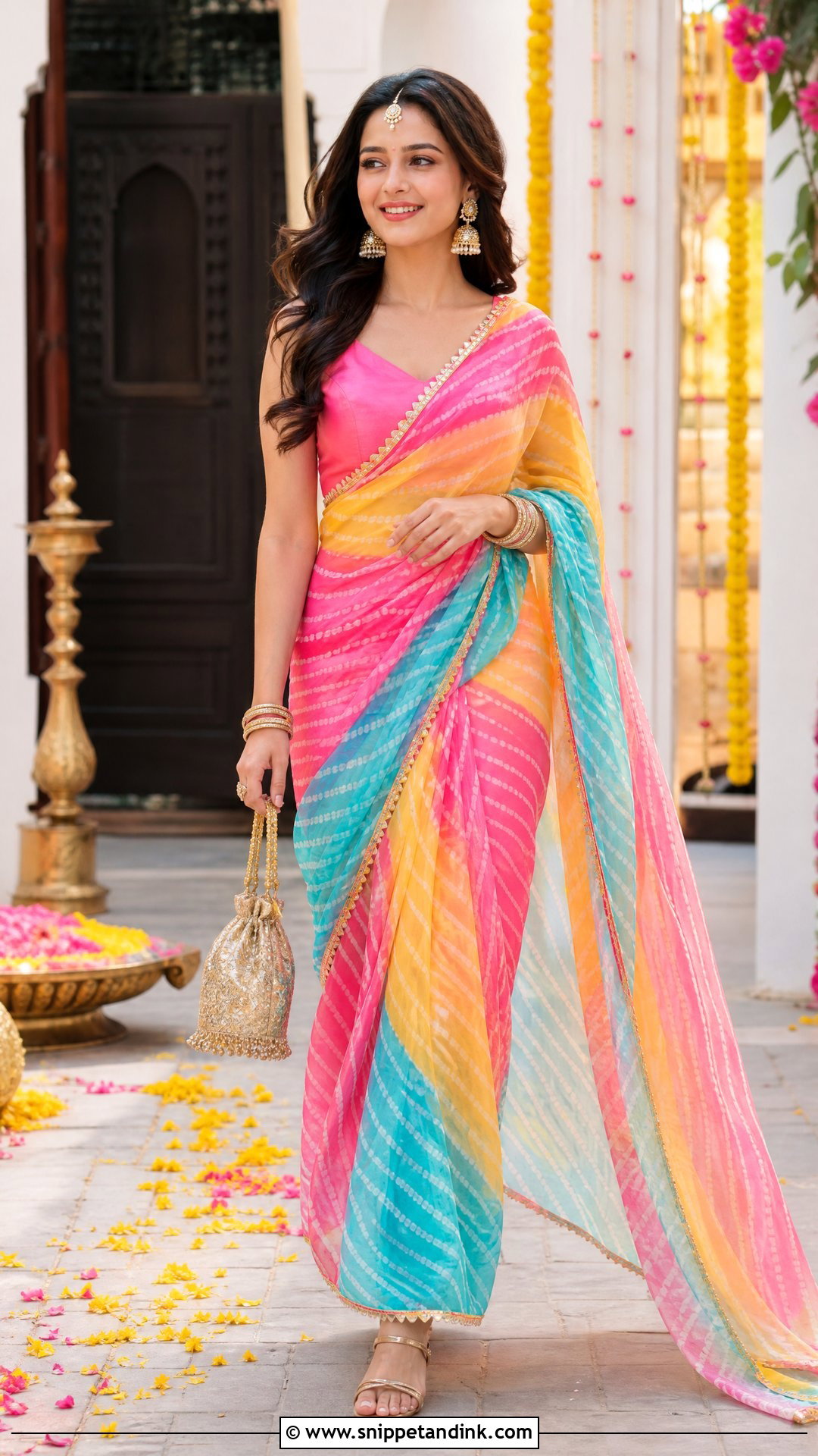 Leheriya Saree Welcome Ceremony Outfit - Snippet and Ink - 20 Pre Wedding Traditional Outfits