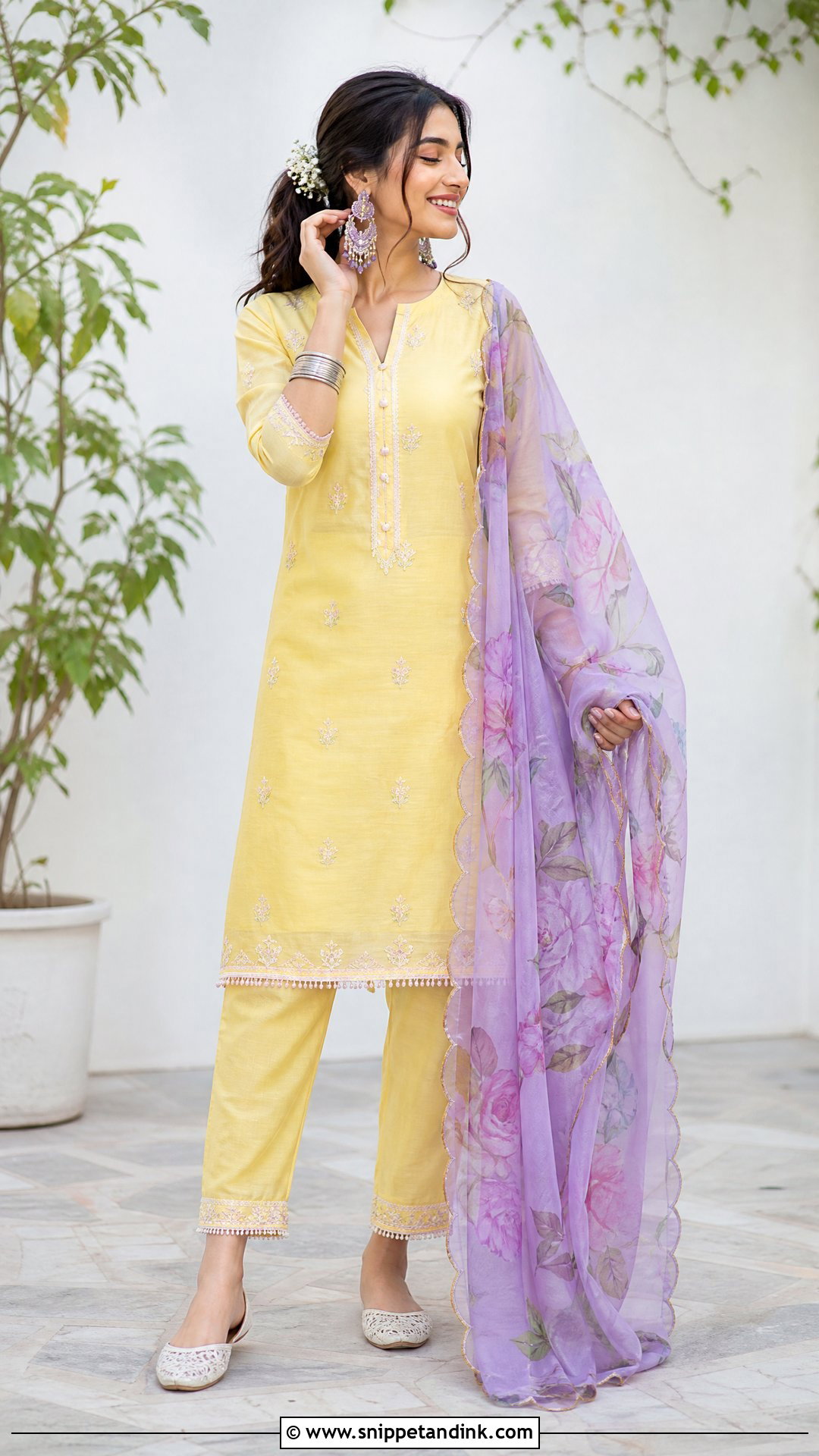 Lemon Yellow Co Ord With Lavender Dupatta - Snippet and Ink - 20 Yellow Contrast Color Dress for Haldi Ideas