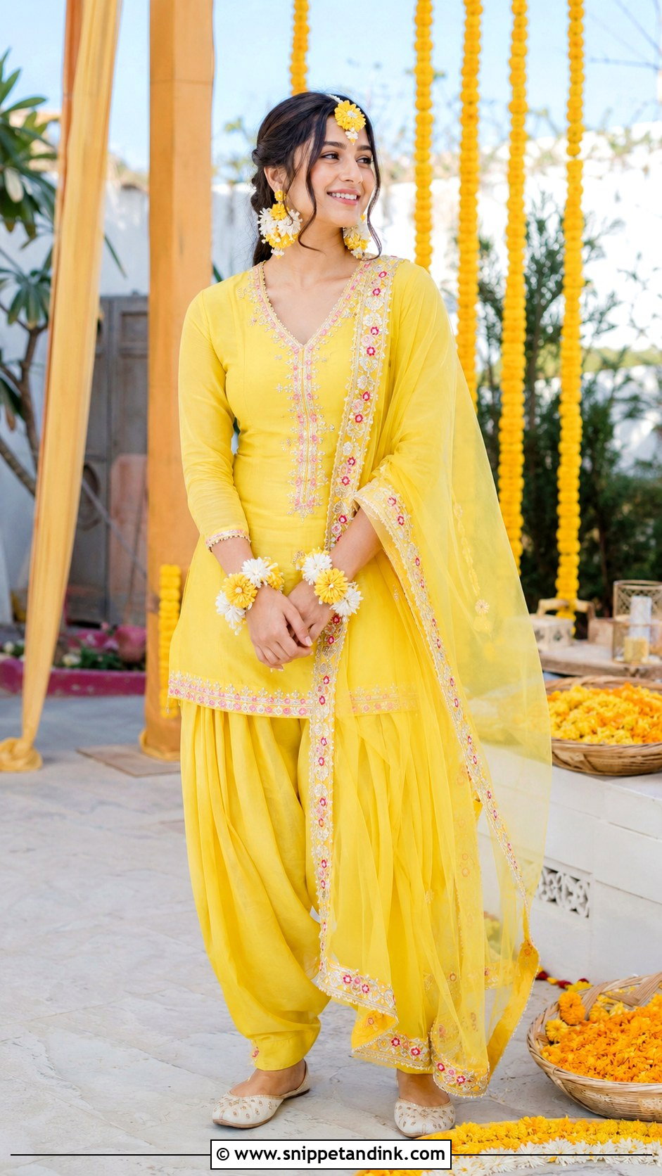 Lemon Yellow Patiala Suit With Floral Jewelry - Snippet and Ink - 20 Yellow Patiala Suit for Haldi Ideas