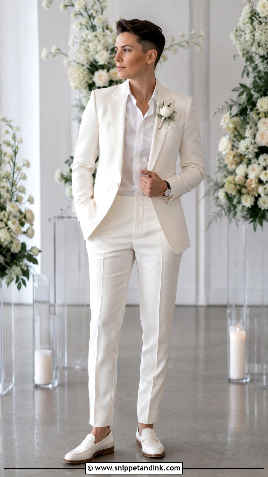 Lesbian Wedding Tailored White Suit - Snippet and Ink - 20 Lesbian Wedding Dress Ideas