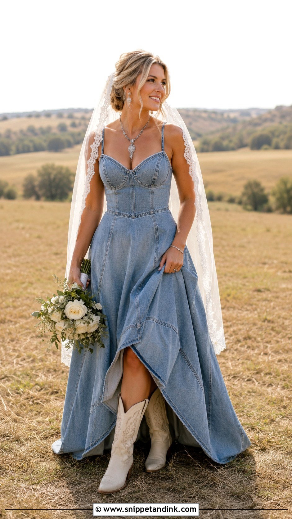 Light Blue Denim Wedding Dress With Cowboy Boots - Snippet and Ink - 25 Denim Wedding Dresses
