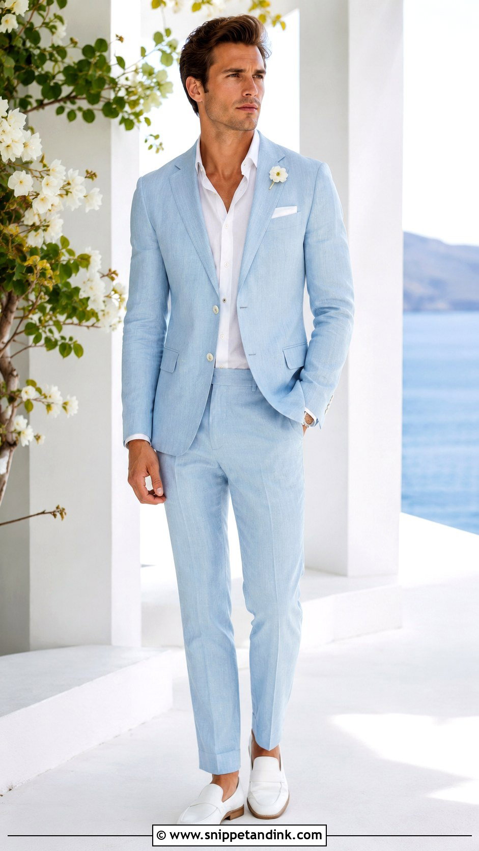 Light Blue Linen Wedding Suit With White Loafers - Snippet and Ink - 25 Linen Wedding Suit Ideas