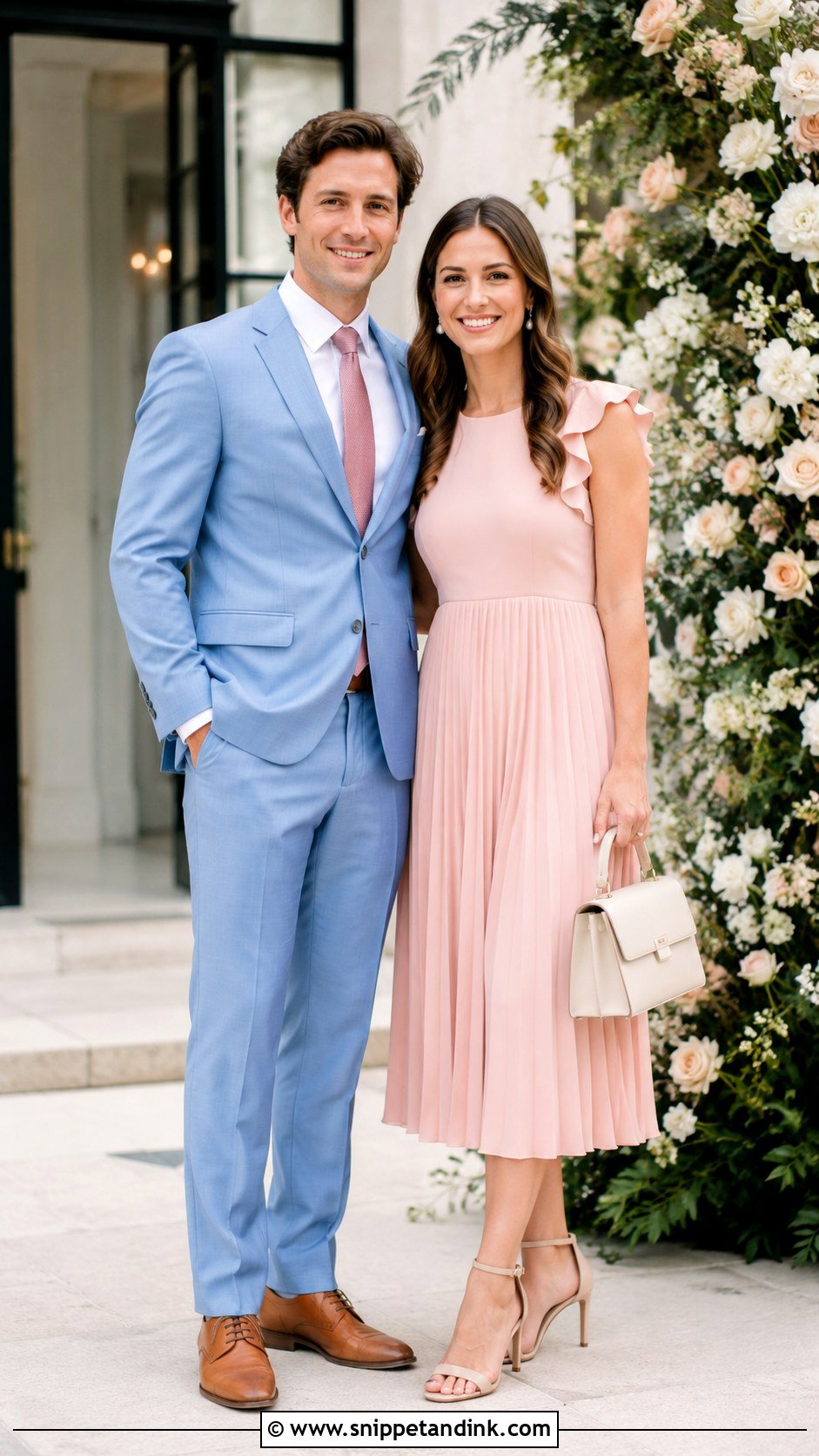 Light Blue Suit And Blush Dress Couple Wedding Outfit - Snippet and Ink - 20 Couples Wedding Outfits