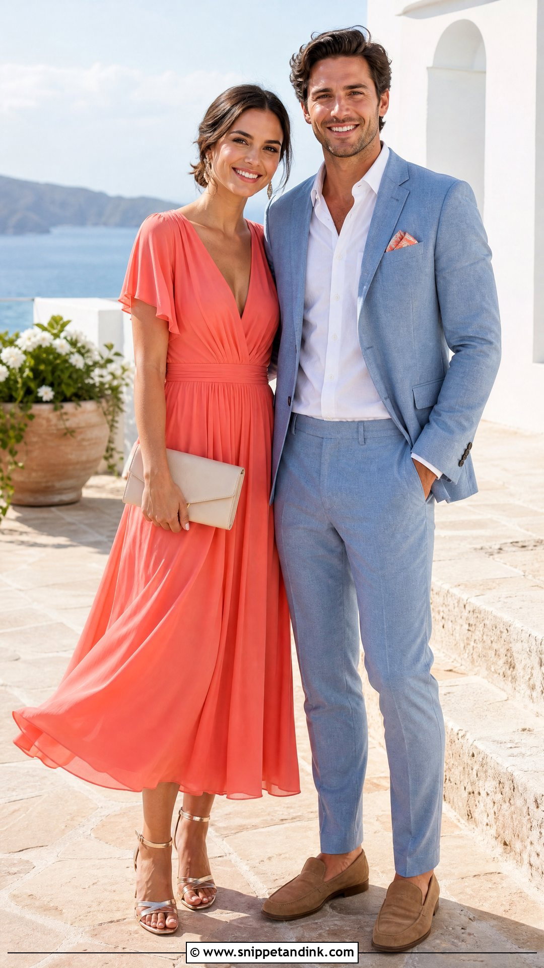 Light Blue Suit And Coral Dress Wedding Outfit - Snippet and Ink - 20 Wedding Date Outfit Couple Ideas