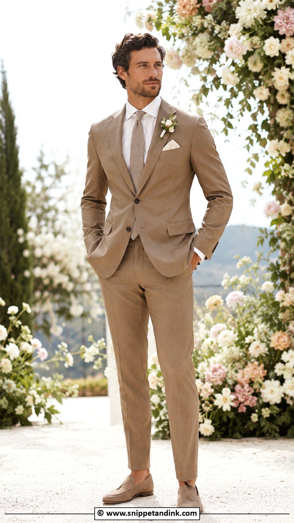Light Brown Wedding Suit With Ivory Shirt - Snippet and Ink - 30 Brown Suit Wedding Ideas