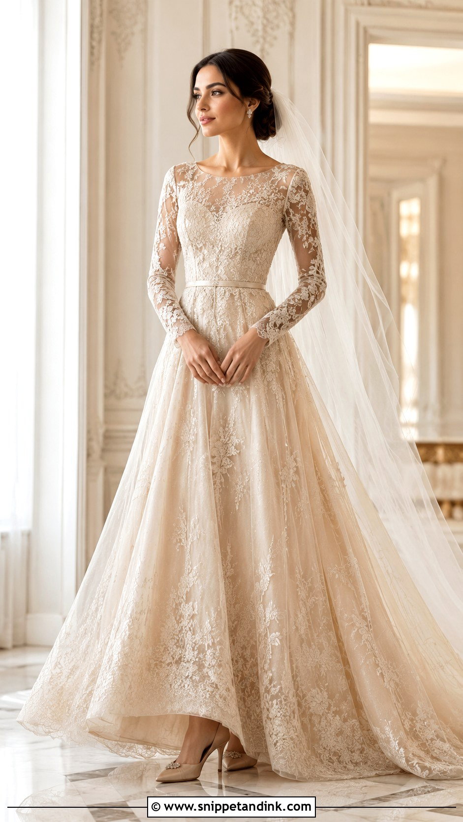 Light Gold Long Sleeve Wedding Dress - Snippet and Ink - 20 Gold Wedding Dresses