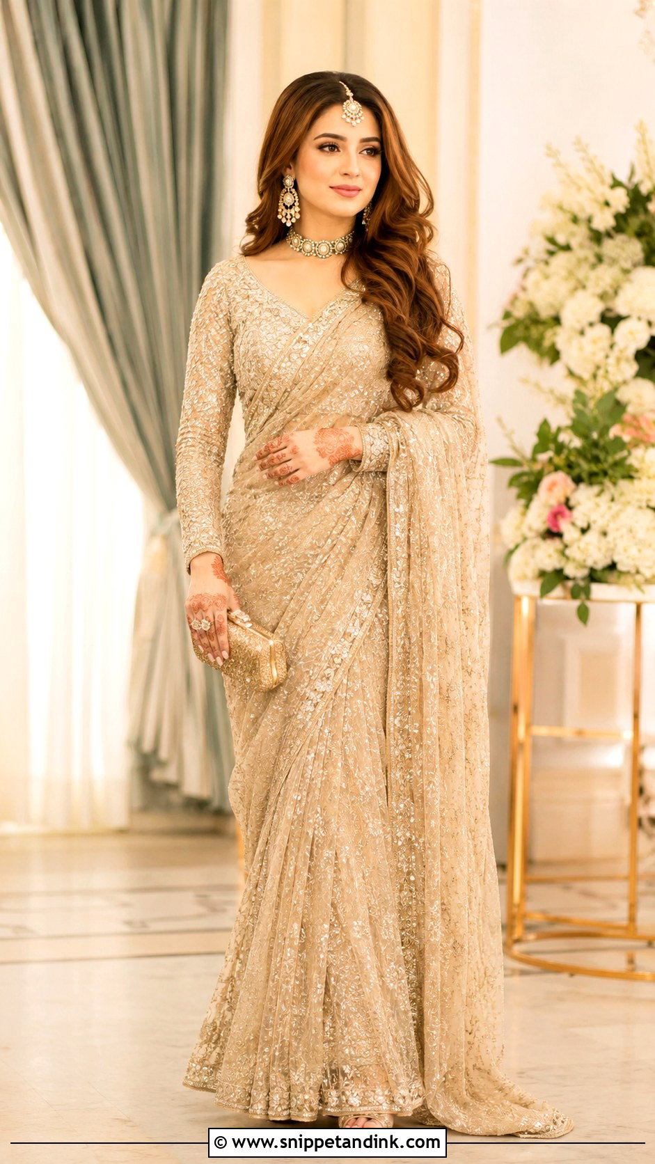 Light Gold Valima Saree Dress - Snippet and Ink - 25 Valima Dress for Bride Ideas