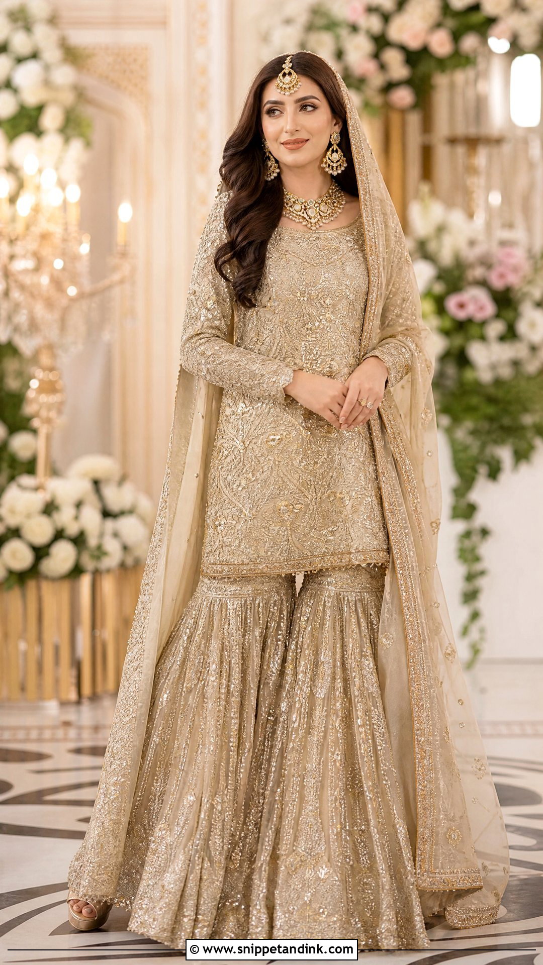 Light Gold Waleema Dress With Farshi Gharara - Snippet and Ink - 25 Waleema Dress Pakistani Bridal Ideas