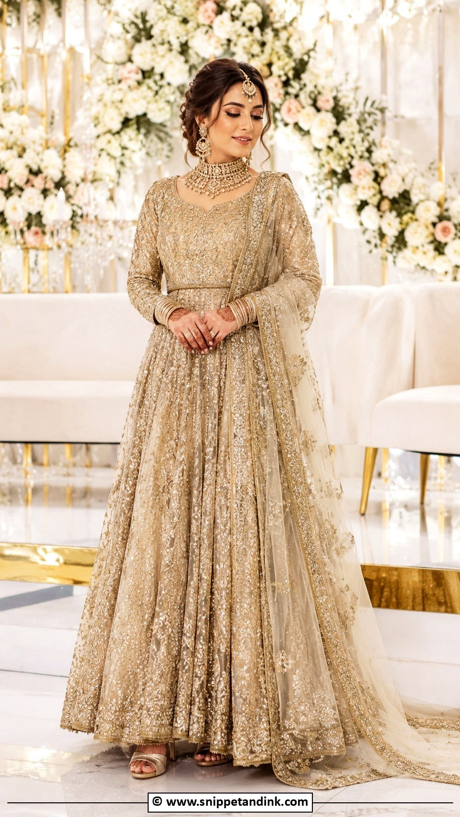 Light Gold Walima Pishwas With Dupatta - Snippet and Ink - 35 Walima Dresses Pakistani Brides