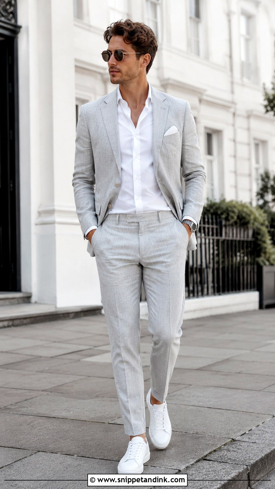 Light Gray Linen Wedding Suit With White Sneakers - Snippet and Ink - 25 Linen Wedding Suit Ideas