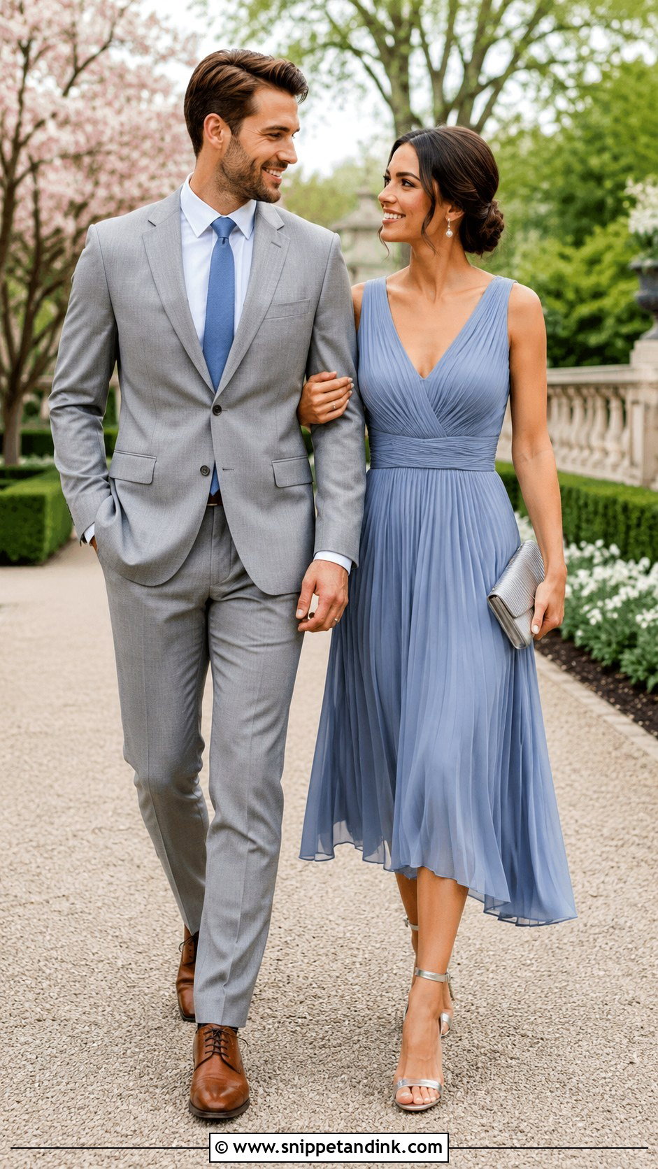 Light Gray Suit And Dusty Blue Dress - Snippet and Ink - 20 Couple Suit and Dress Ideas