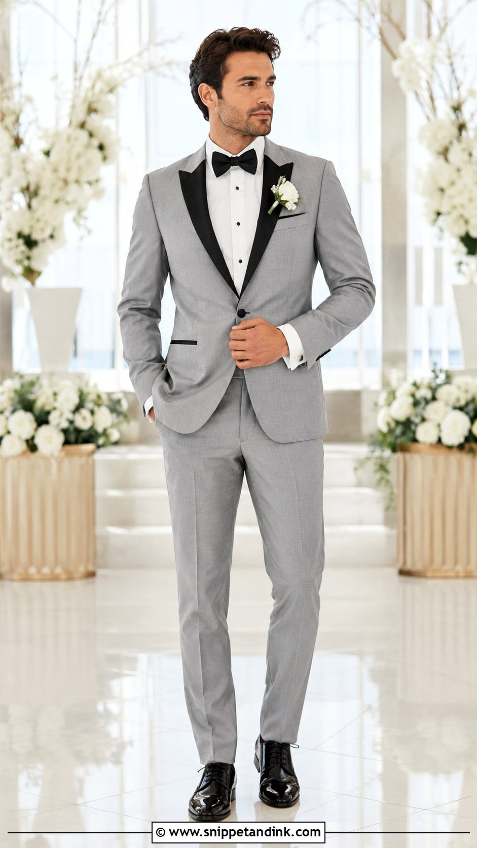 Light Gray Tuxedo With Black Lapels - Snippet and Ink - 20 Gray Tuxedo Wedding Ideas