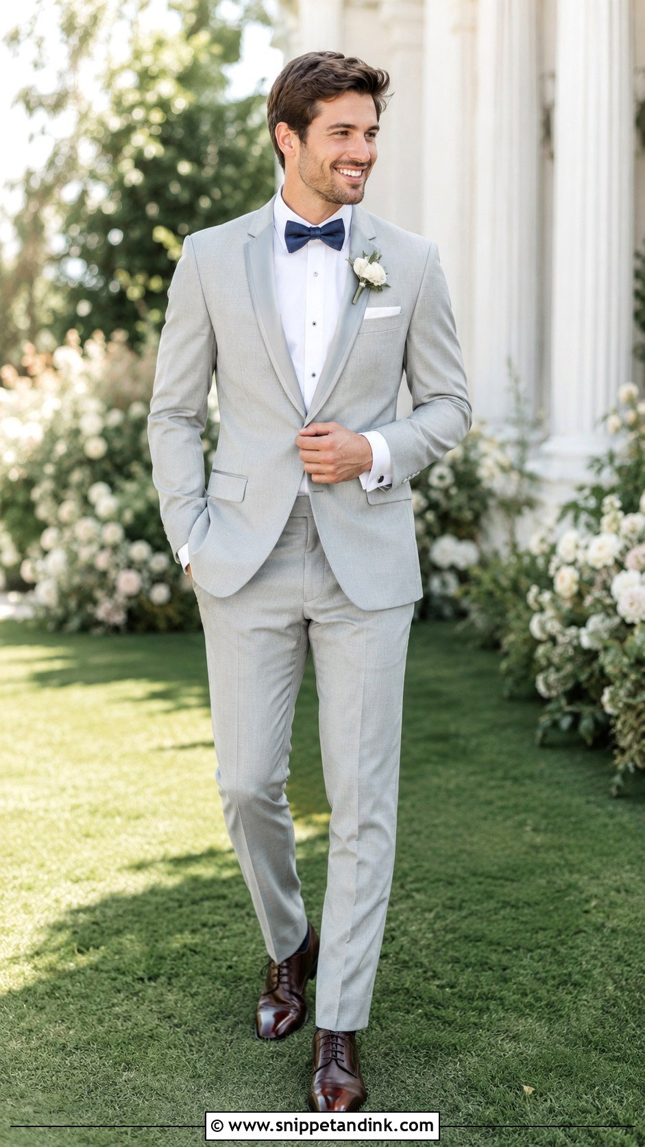 Light Gray Tuxedo With Brown Shoes - Snippet and Ink - 20 Gray Tuxedo Wedding Ideas
