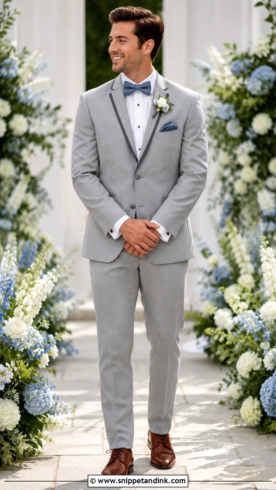 Light Gray Tuxedo With Dusty Blue Bow Tie - Snippet and Ink - 20 Gray Tuxedo Wedding Ideas