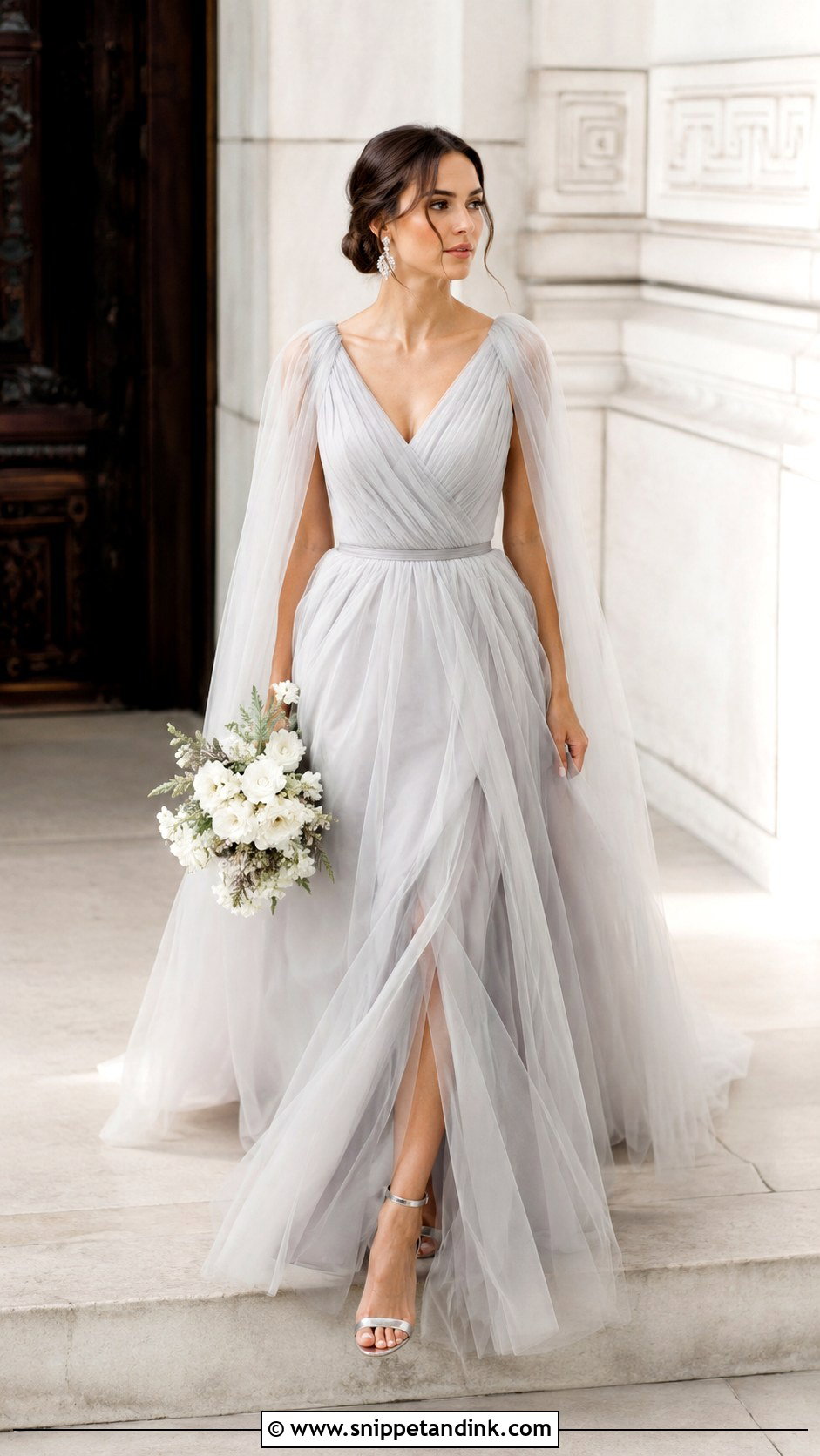 Light Gray Wedding Dress With Sheer Cape - Snippet and Ink - 25 Wedding Dresses with Color
