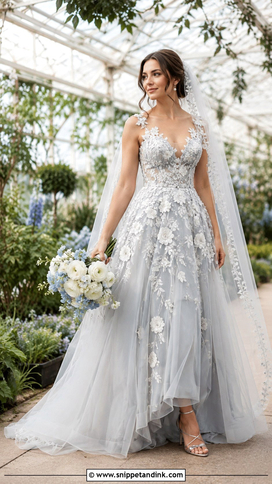 Light Grey Floral Applique Wedding Dress - Snippet and Ink - 20 Light Grey Wedding Dress Ideas
