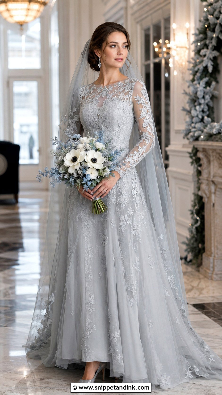 Light Grey Long Sleeve Lace Wedding Dress - Snippet and Ink - 20 Light Grey Wedding Dress Ideas
