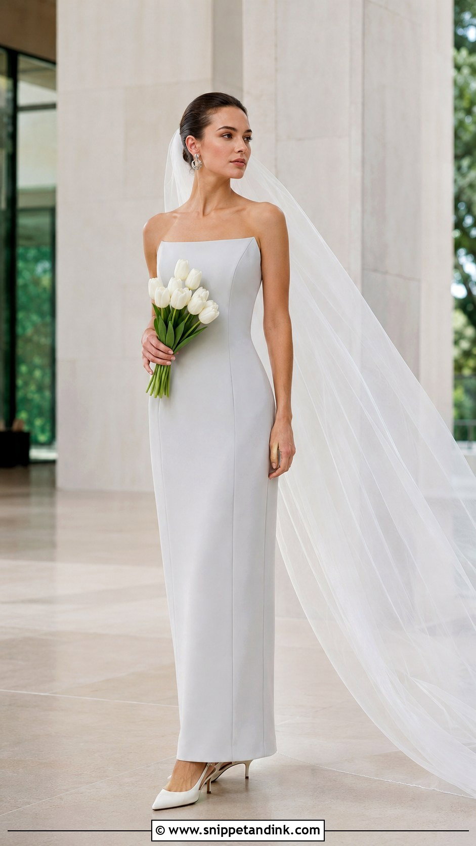 Light Grey Minimalist Column Wedding Dress - Snippet and Ink - 20 Light Grey Wedding Dress Ideas