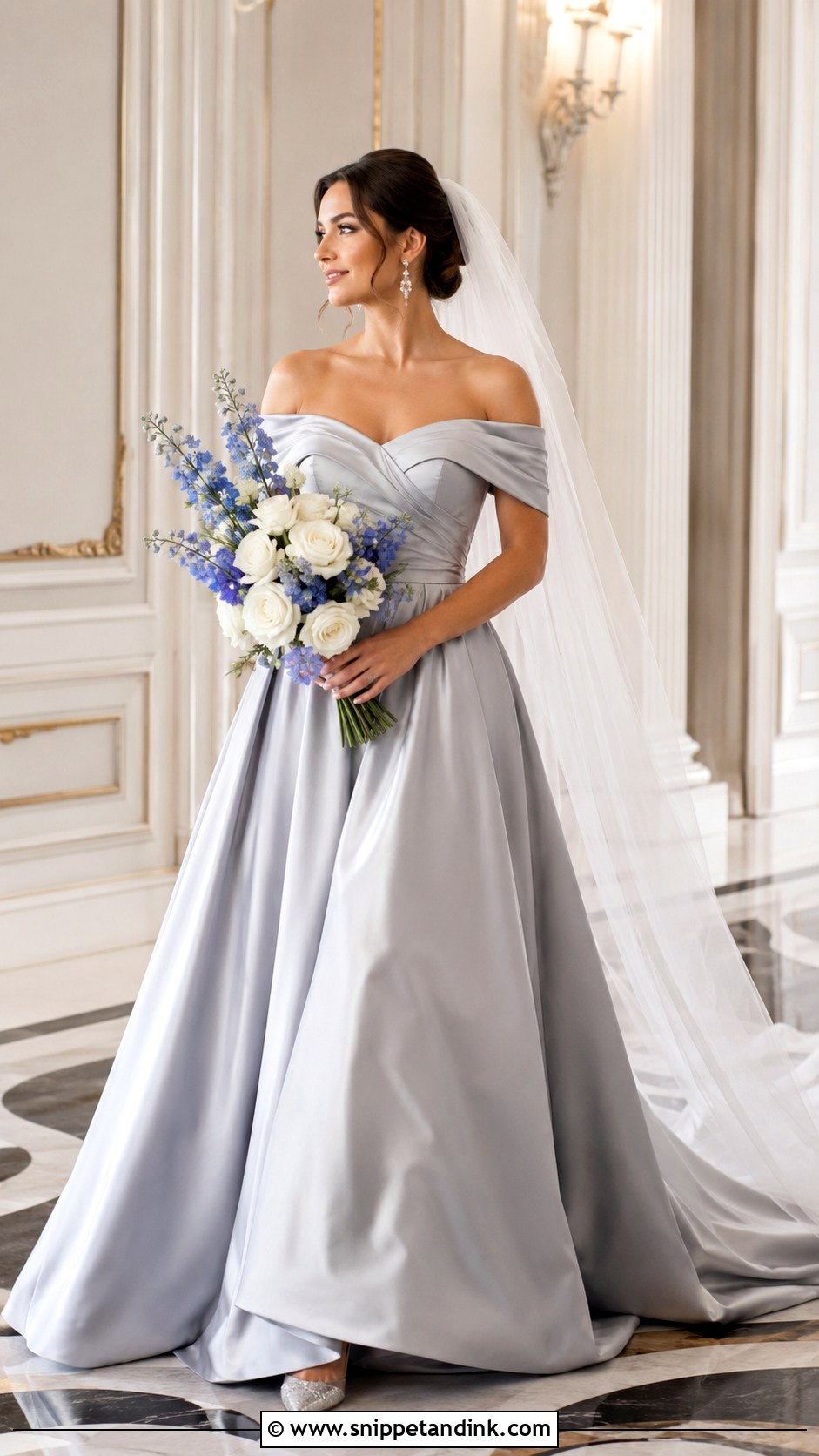 Light Grey Off Shoulder Wedding Dress - Snippet and Ink - 20 Light Grey Wedding Dress Ideas