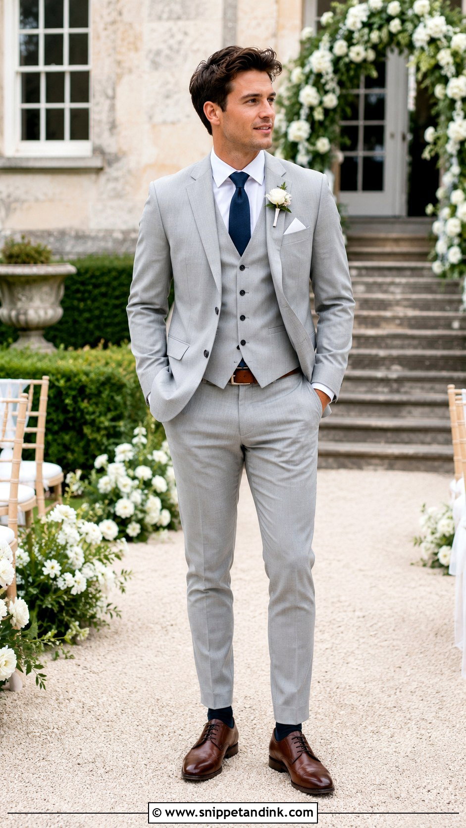 Light Grey Three Piece Wedding Suit With Navy Tie - Snippet and Ink - 20 Light Grey Suits Wedding