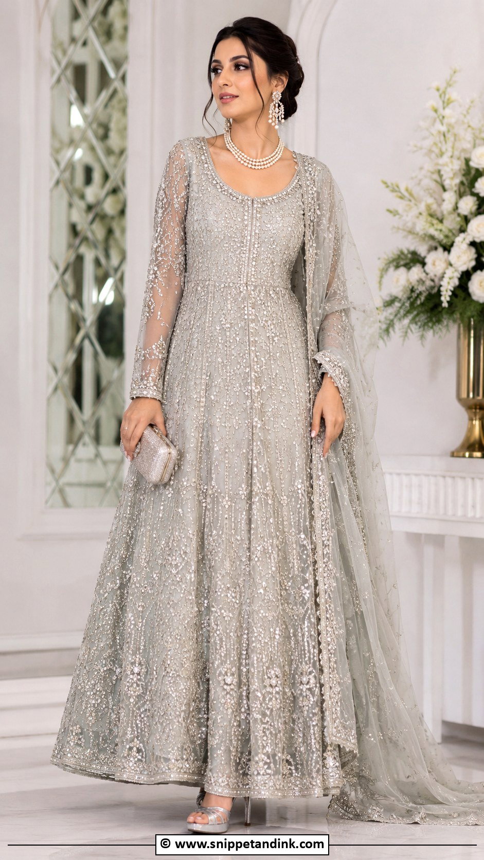 Light Grey Walima Gown For Bride - Snippet and Ink - 30 Walima Outfits for Bride