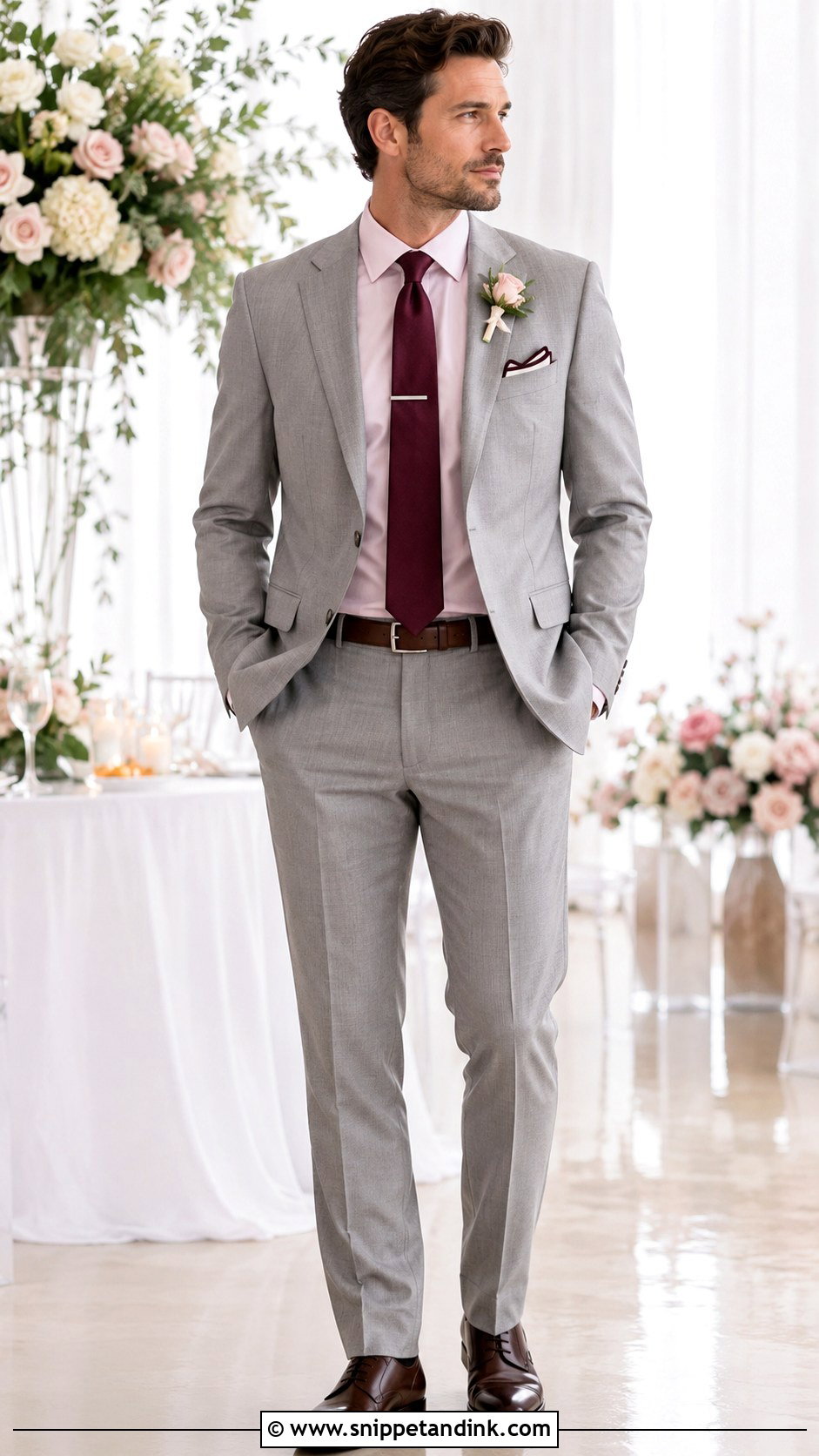 Light Grey Wedding Suit With Pink Shirt And Burgundy Tie - Snippet and Ink - 20 Light Grey Suits Wedding